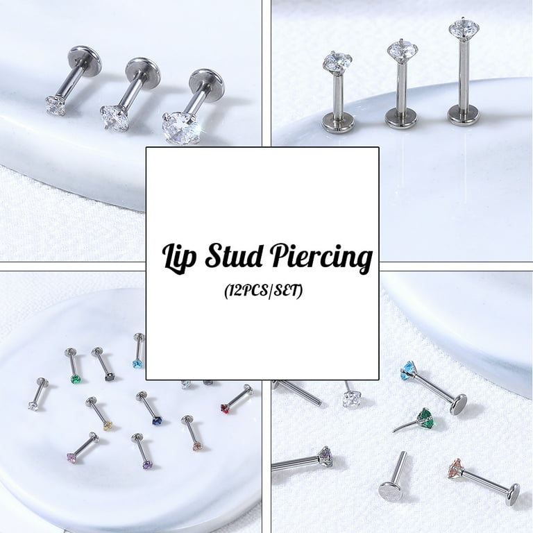 12pcs/set 16g Mix Color Crystal Lip Labret Studs Medusa Piercing Tragus Helix Piercing, Women's, Size: 1.2*10*3mm, Silver