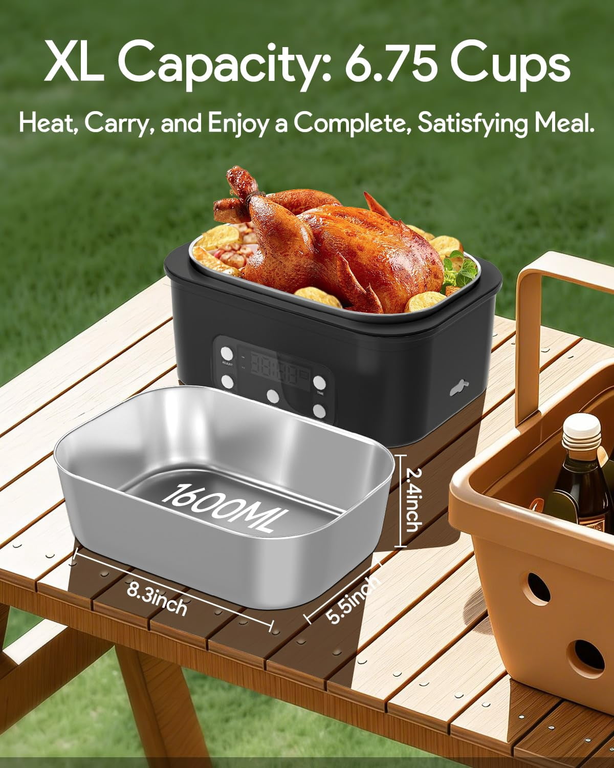 Cordless Electric Lunch Box, Smart Timer Auto Heating Leakproof Bento Food Warmer with 6.7 Cup for Work, Car, Home, Outdoor (Black)