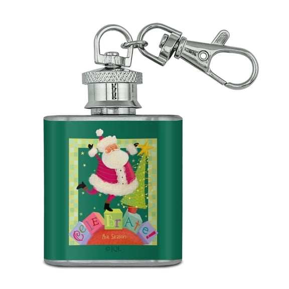 Christmas Holiday Celebrate the Season Santa Blocks Stainless Steel 1oz Mini Flask Key Chain
