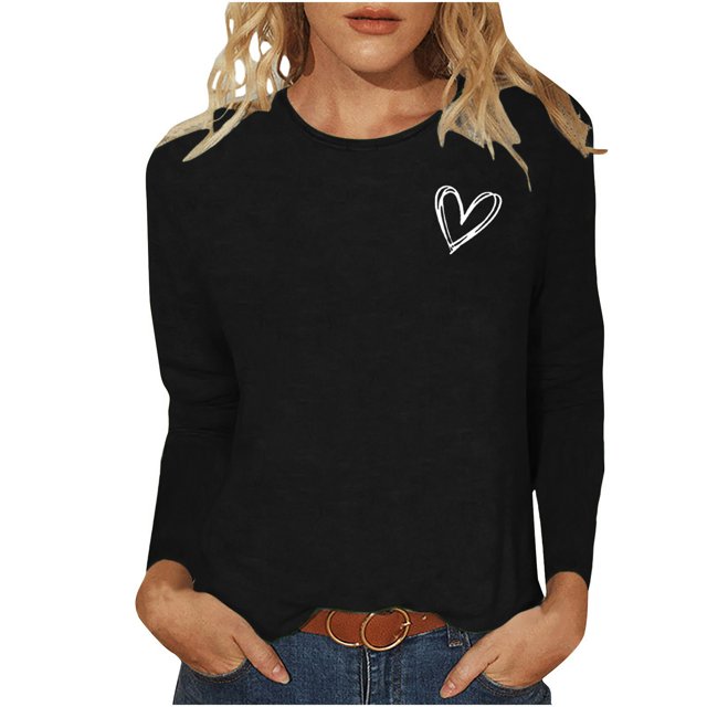 Besolor T-Shirts de la Saint-Valentin pour Femmes Imprimé Cœur Col Rond Manches Longues Tunique Décontractée Blouse Tee