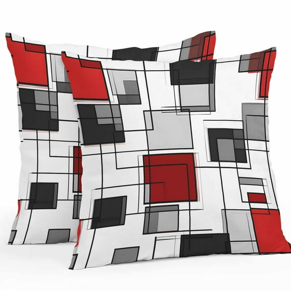 Space Design Sense Outdoor Pillow Covers Pack of 2 Abstract Black Line Red Suqare Stitching Waterproof Throw Pillow Covers Decorative Cushion Cases for Patio Garden Tent Balcony Couch 18x18 inch