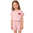 thumbnail image 2 of LIIPEE Girls Outfit Sets Casual Summer Striped Printed Short Sleeve Crew Neck Bow Decoration T Shirt Elastic Waist Shorts 2 Piece Set Kids Comfortable Breathable Cute Clothing,Pink,3-4 Years, 2 of 3