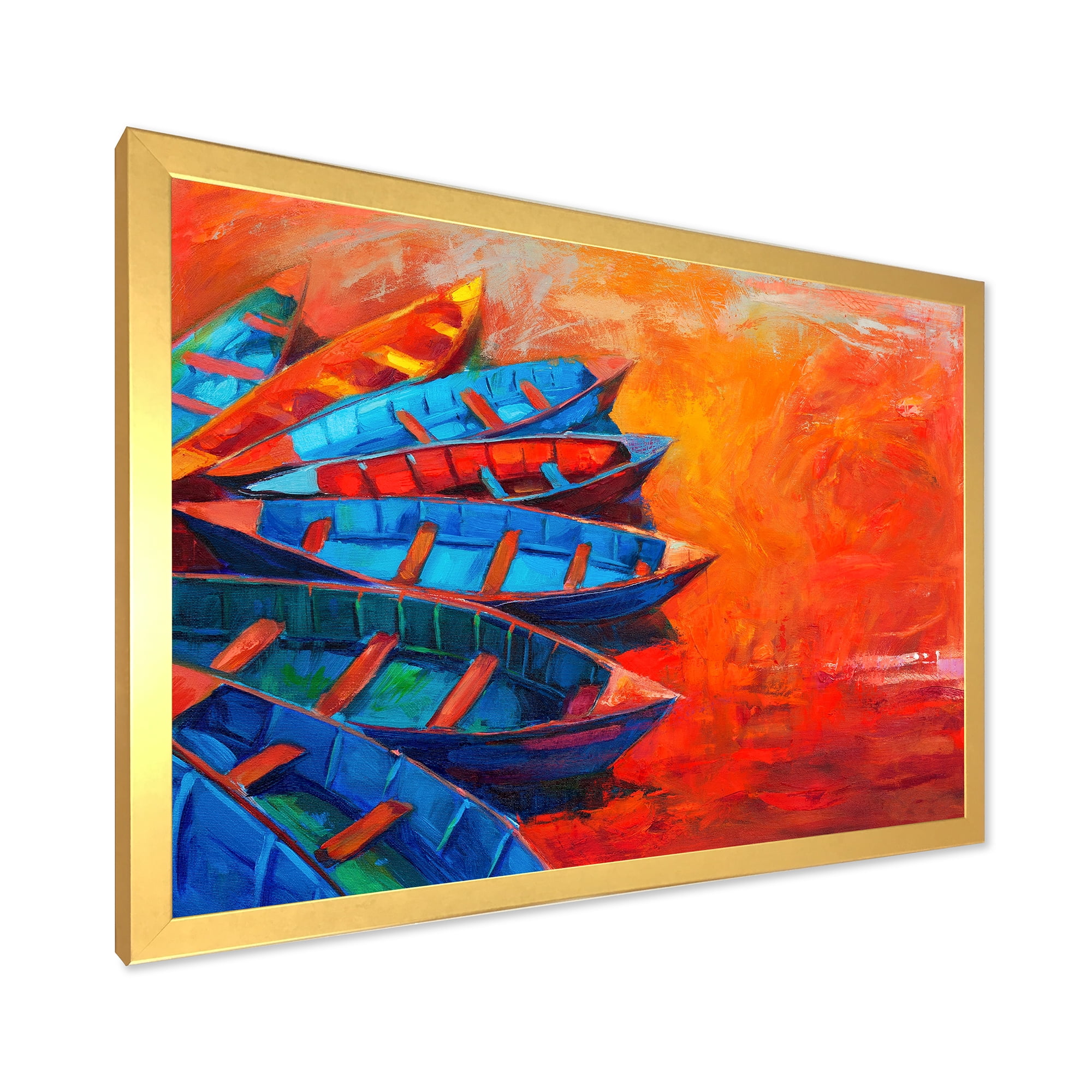 Boats During Warm Sunset Resting On The Water V 32 in x 16 in Framed Painting Canvas Art Print, by Designart