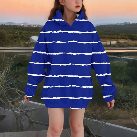 FAIOROI Big Girls Striped Hoodie - Oversized Polyester Spandex, Comfortable for Daily & Active Play, 11-12T Size, Blue Color