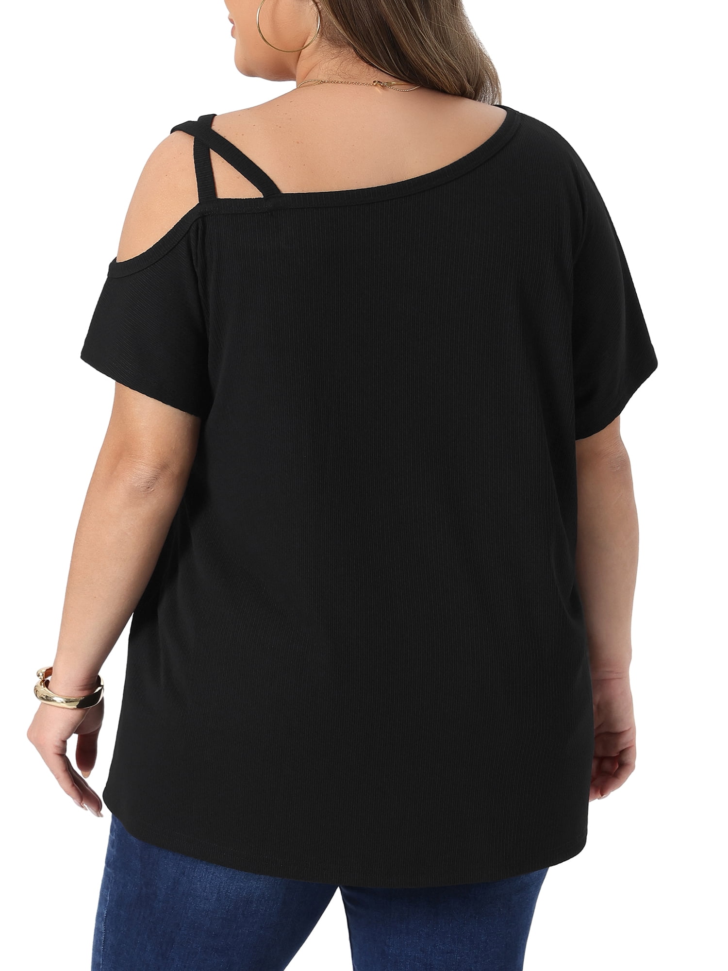 DARING DIVA Women's Plus Criss Cross Off One Shoulder T-Shirts 3X Black