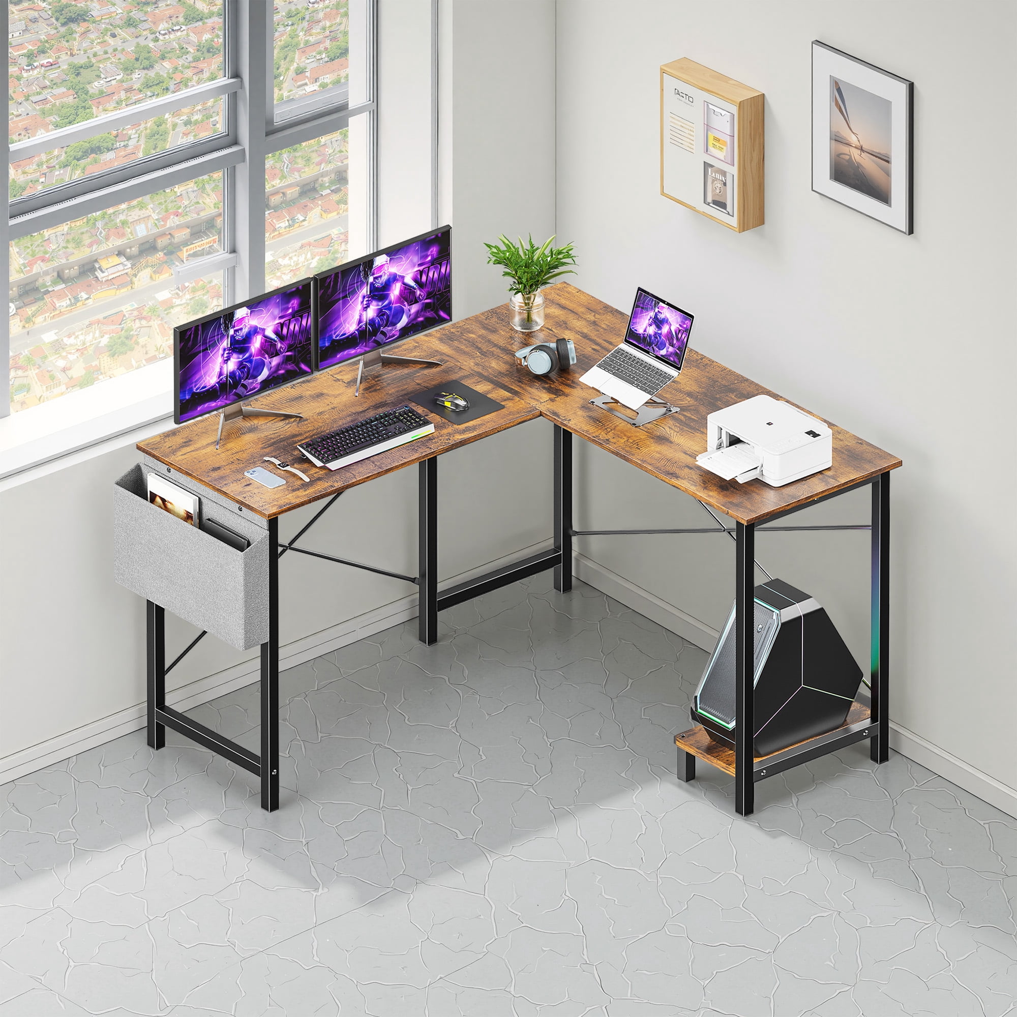 MAYEERTY 50in L Shaped Computer Desk, Wooden Writing Study Table for Home Office with CPU Storage Shelf & Side Bag