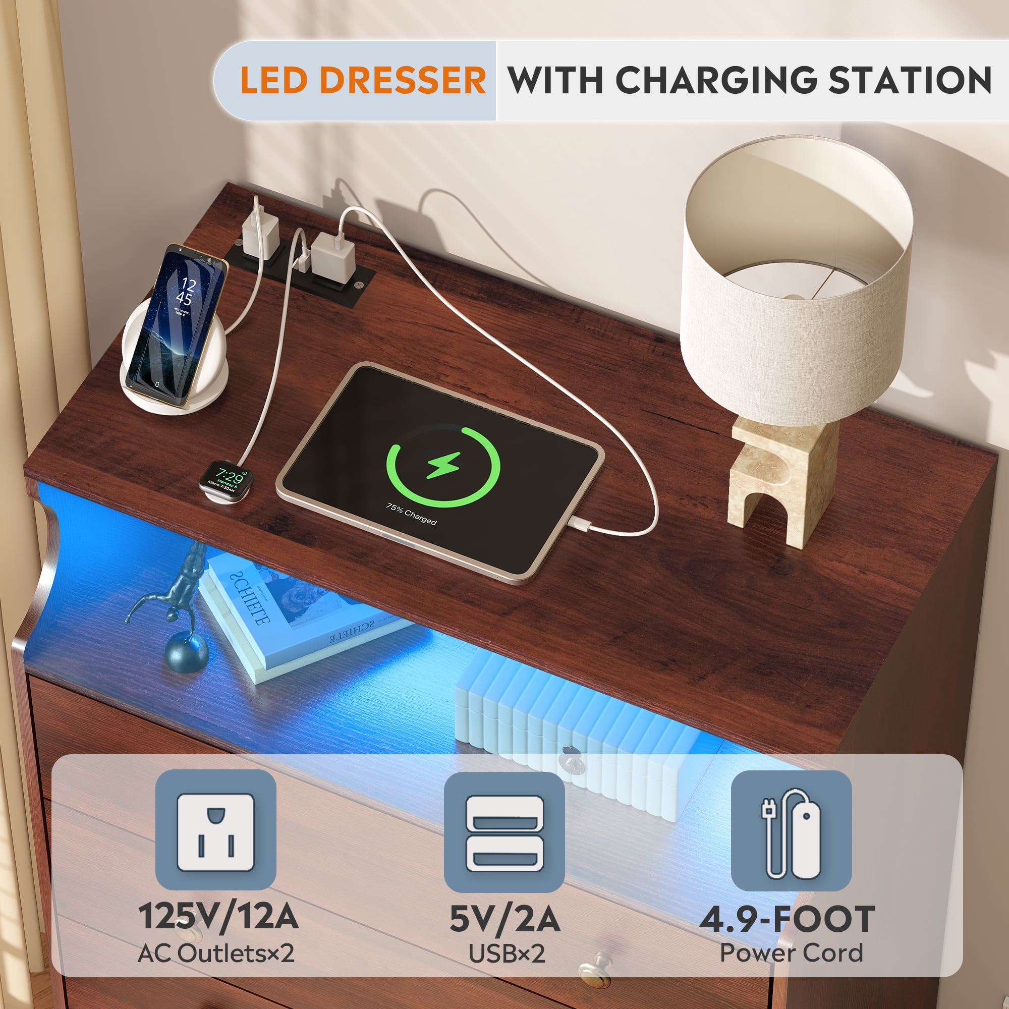 GALAXHERO 4 Drawers Dresser for Bedroom, Rustic Brown Tall Dressers with  LED Open Shelf, Modern Chest of Drawers with Charging Station, Wood Closet Clothes Organizer Storage Cabinet