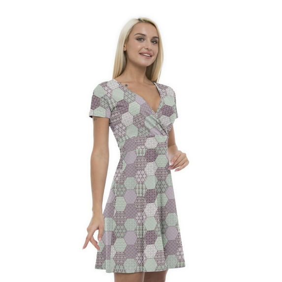 Women’s A Line Vintage Summer Dress, Retro Triangle Arrangement, Cross Wrap V Neck, 6 Sizes, by Ambesonne