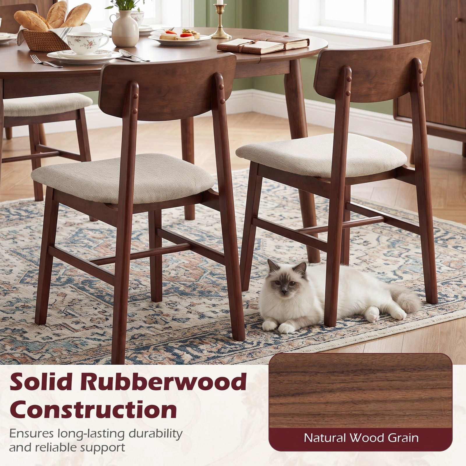 Furnibear Solid Rubber Wood Dining Chairs Set of 4, Mid-Century Modern Upholstered Kitchen Side Chairs with Curved Backrest, Linen Fabric Padded Seat, Walnut & Gray