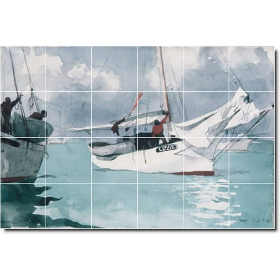 Ceramic Tile Mural-Winslow Homer Waterfront Painting 453. 25.5" w x 17" h using (24) 4.25 x 4.25 ceramic tiles