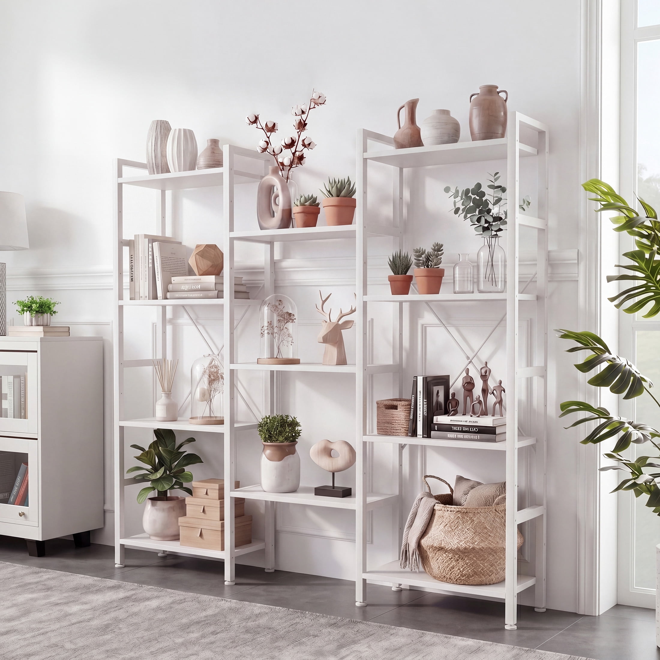 CONCETTA Triple 4-Tier Bookshelf with 11 Open Display Shelves, Adjustable Storage Bookcase for Home & Office, Sturdy Steel Frame and Wood Construction, Anti-Tip and Adjustable Feet, White
