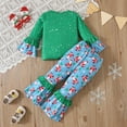 thumbnail image 5 of Ruiwill Girl Outfit Set Outfit Holiday Party Two Piece With Santa Print Top Snowman Pants Festive Flared Sleeves Winter Crew Neck Girl Clothes Green Size 1-2 Years, 5 of 8
