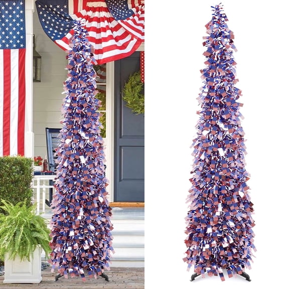 Ayieyill 4th of July Decor Patriotic Decorations, 5ft Pop up Tree Patriotic American Tree, Fourth of July Decorations Party Supplies(Red White and Blue )