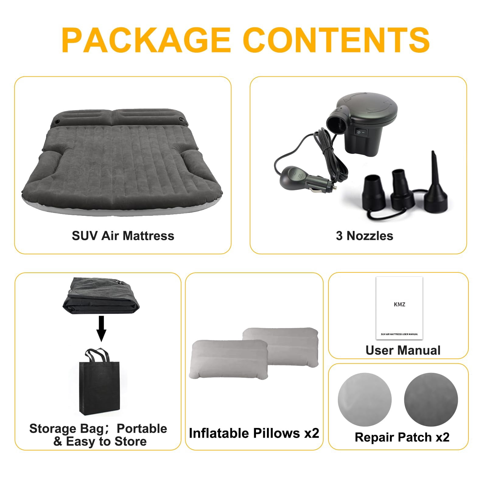 QDH SUV Air Mattress Thickened and Double-Sided Flocking Travel Camping Bed with 2 Pillows & Electric Pump Dedicated Mobile Cushion Inflatable Bed for SUV Trunk and Rear Seat (Dark Gray)