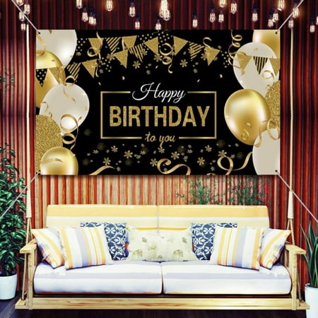 Image of 6 x 3.6ft Happy Birthday Party Backdrop Black and Gold Photography Background Baby Adult Abstract Banner Cake Table Decoration Photo Booth