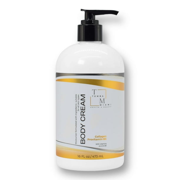 TEMBA MIAMI CREMA PARA CUERPO Y MANOS Crema hidratante ANTI-ENVEJECIMIENTO Crema corporal no grasa para TODO TIPO DE PIEL Con COLÁGENO Y MANTECA DE KARITÉ Blanco 16 Oz.