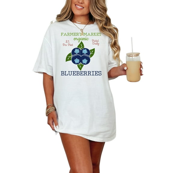 Farm Organic Blueberries T Shirt Fresh Fruit Graphic Tee Blueberry Lover Gift Cute Berry Design Summer Shirt, White Comfort Colors T-Shirt, Small