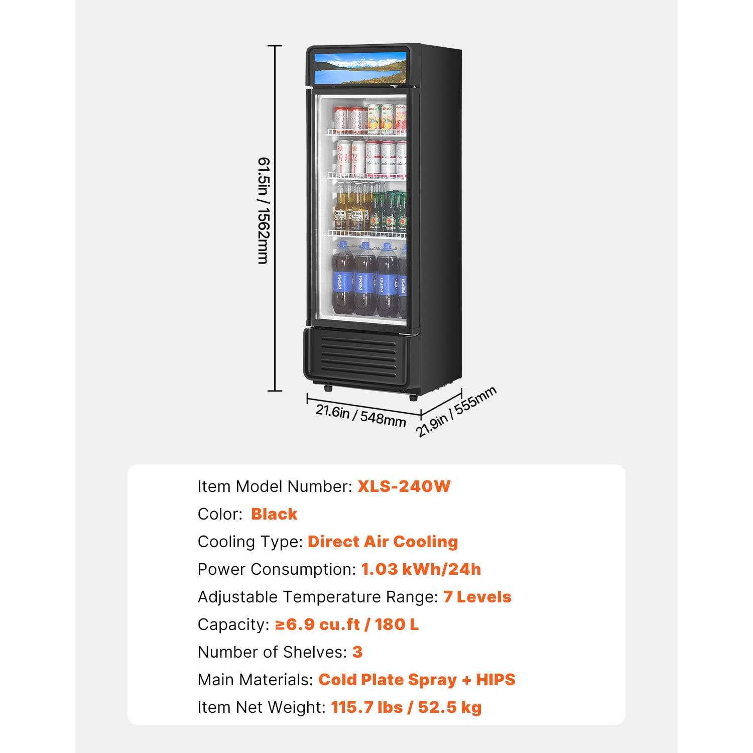 KFFKFF Commercial Merchandiser Refrigerator Single Glass Door 6.9 Cu ft , Display Beverage Cooler Merchandiser Customizable Lightbox