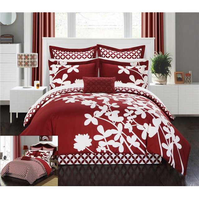 Chic Home CS1124-BIB-US 11 Pièces Siris Réversible Grande Échelle Florale Imprimé avec Motif de Diamant Reverse Grand Couette Set & 44; Rouge avec Jeu de Feuilles
