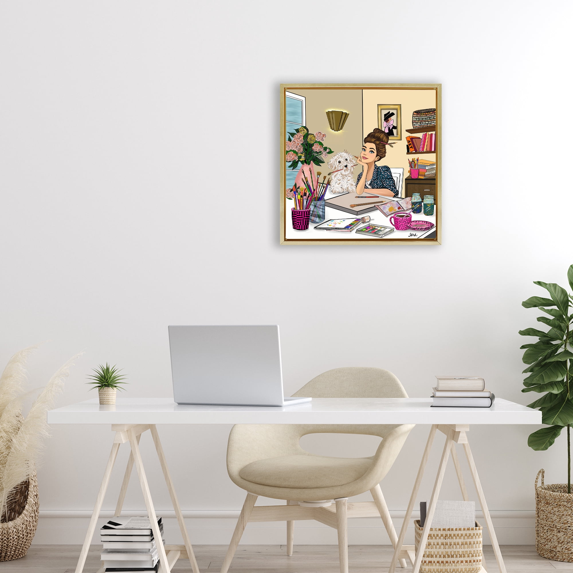 Stupell Industries Creative Art Girl at Desk Gold Framed Floater Canvas Wall Art, design by Tara Boone