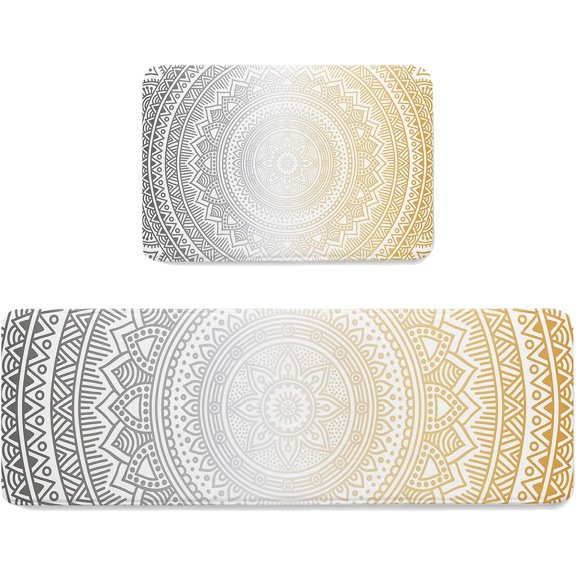 Kitchen Mat Rug Set of 2 Mandala Flower Art Ombre Yellow Grey Runner Rug Anti-Fatigue Comfort Memory Foam Standing Mat Non-Slip Floor Door Mat for Bathroom Bedroom 18x30in 18x48in