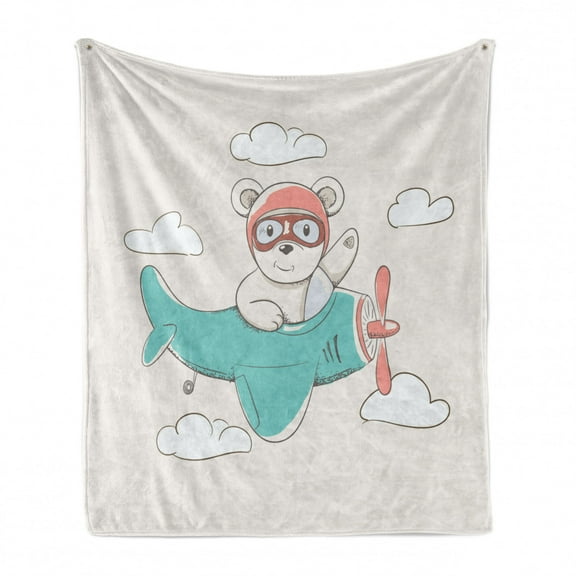 Cartoon Airplane Soft Flannel Fleece Throw Blanket, Adventurous Funny Child Bear Flying in the Sky on a Plane Cheerful, Cozy Plush for Indoor and Outdoor Use, 50" x 70", Multicolor, by Ambesonne