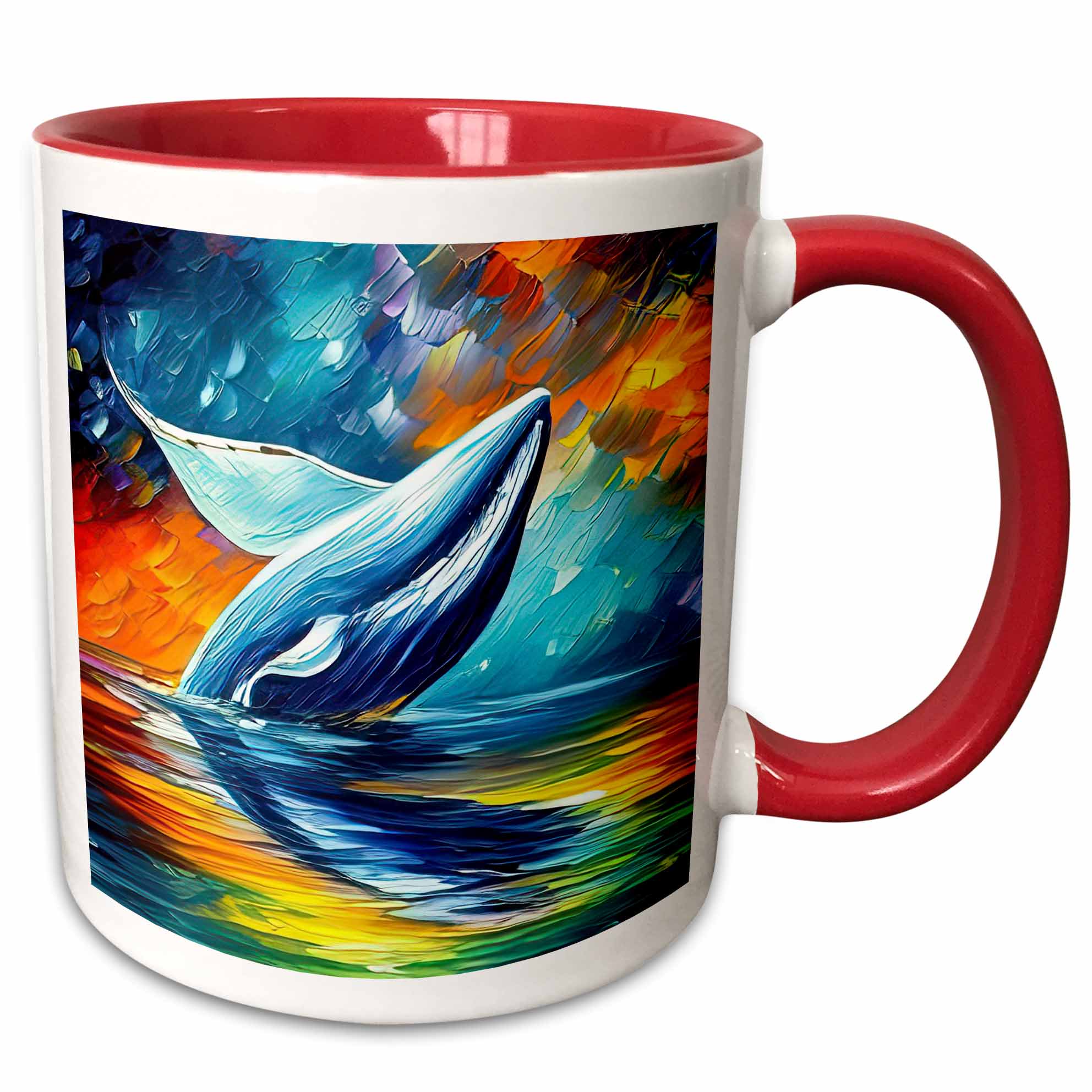 3drose Blue Whale Jumps in the Ocean. Colorful Digital Painting Gift Card 11oz Two-tone Red Mug