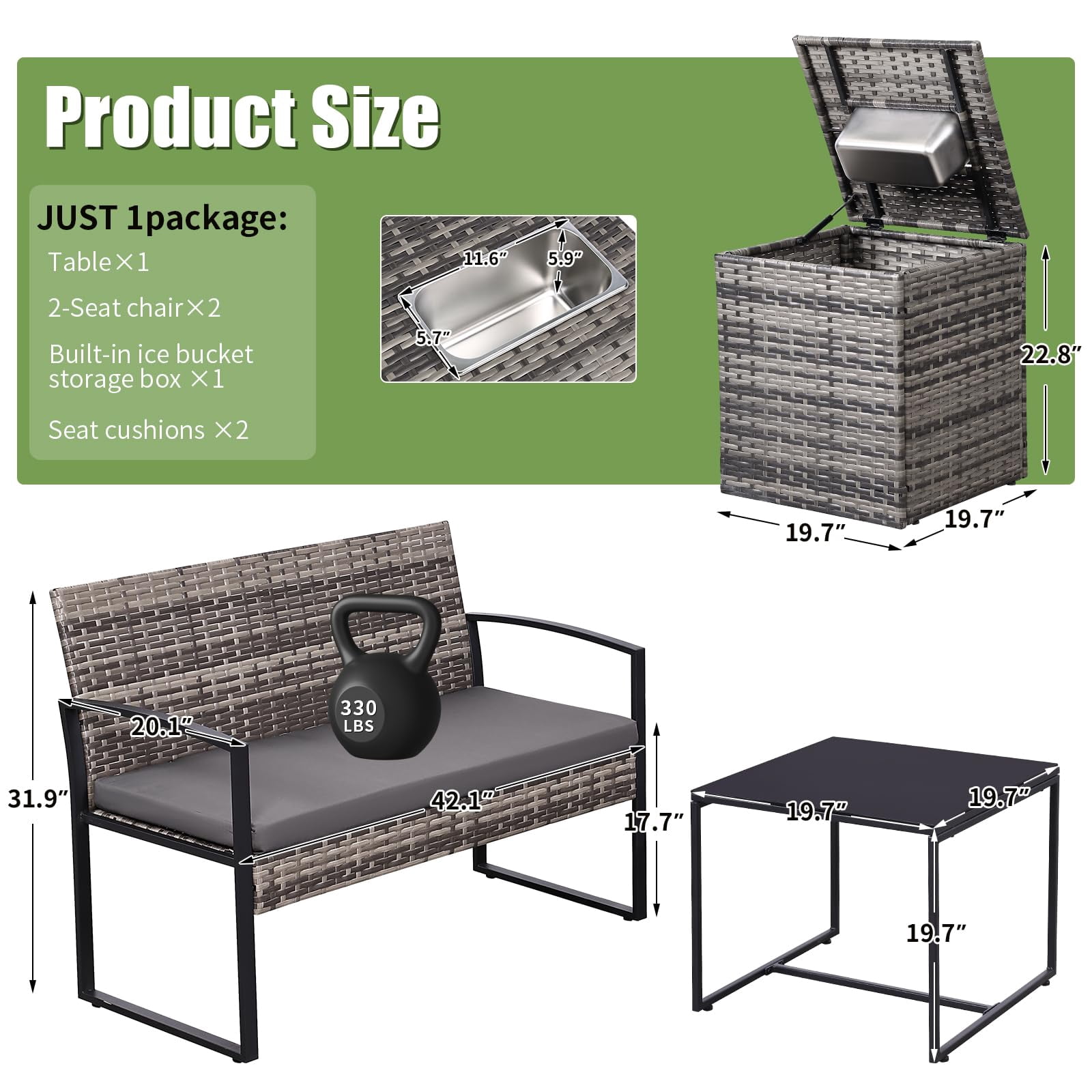 4 Piece Outdoor Patio Furniture Set,Wicker Conversation Sets Patio Sofa Couch with Built-in Beverage Cooler Storage Box & Coffee Table for Outside, Garden, Balcony, Porch,Grey/Grey