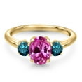 thumbnail image 3 of Gem Stone King 2.19 Ct Oval Pink Created Sapphire Blue Diamond 18K Yellow Gold Plated Silver Ring, 3 of 6