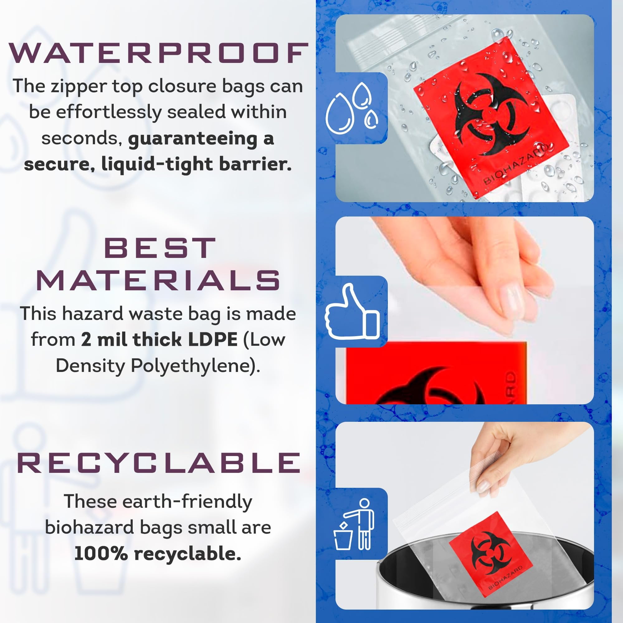 Biohazard Specimen Bags, 3 x 5 Inch. Pack of 1000 Clear Zipper Specimen Bags. 3 Wall Polyethylene Specimen Bag. 2 Mils Specimen Biohazard Bag. Biohazard Specimen Bags, 3 x 5 Inch. Pack of 1000 Clear Zipper Specimen Bags. 3 Wall Polyethylene Specimen Bag. 2 Mils Specimen Biohazard Bag.