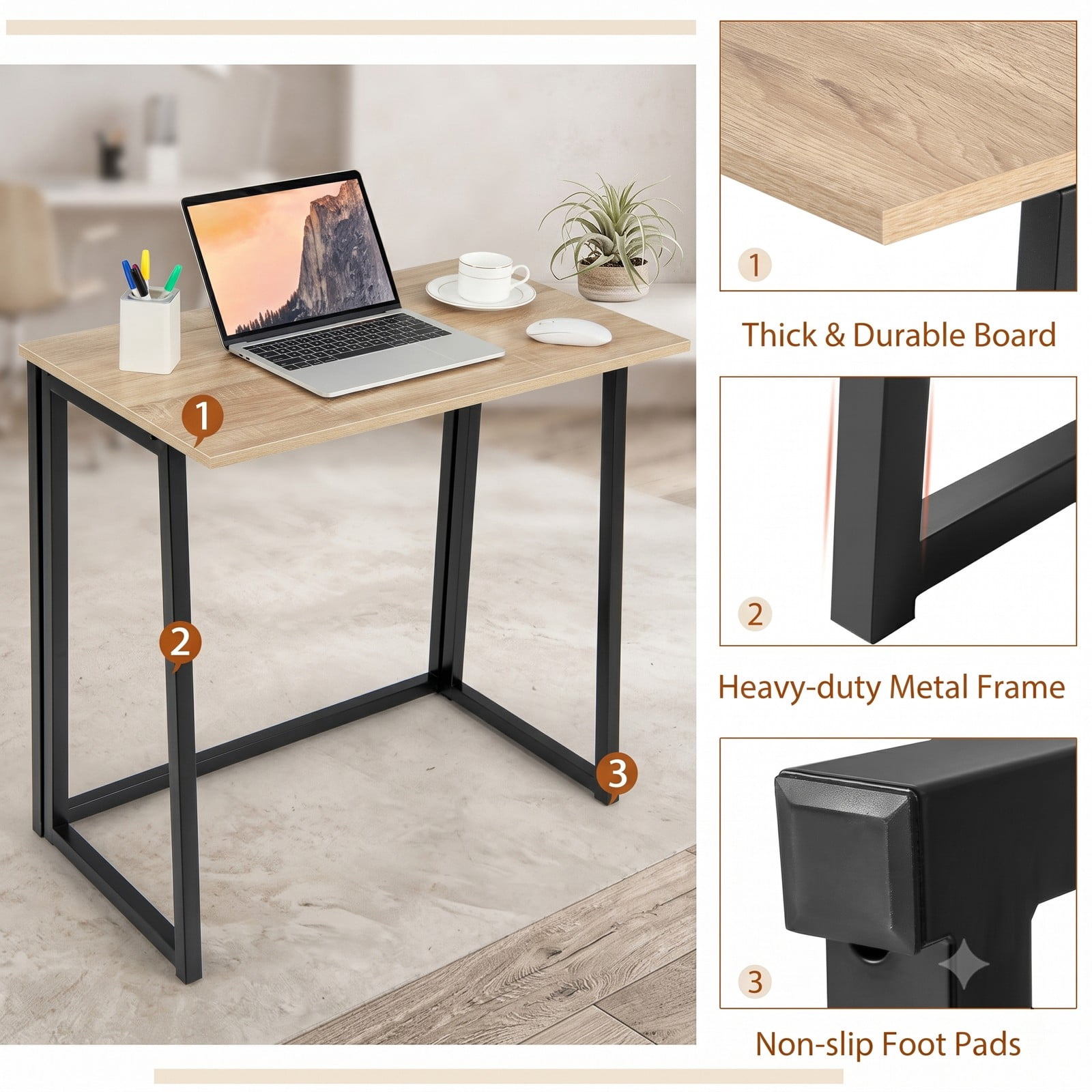 Furnibear Folding Computer Desk 31 Inch Small Desk for Home Office, Space-Saving Writing Study Desk with Metal Frame, Natural