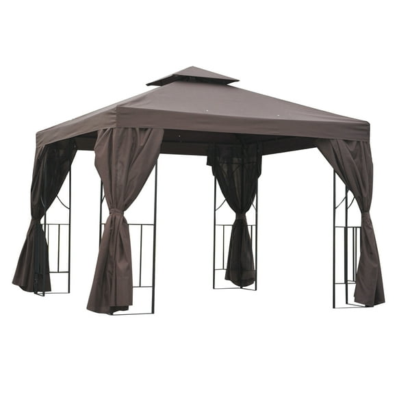 Outsunny 10' x 10' Patio Gazebo Outdoor, Canopy Shelter with Double-tier Roof, Pavilion Sidewalls for Garden Events, Brown