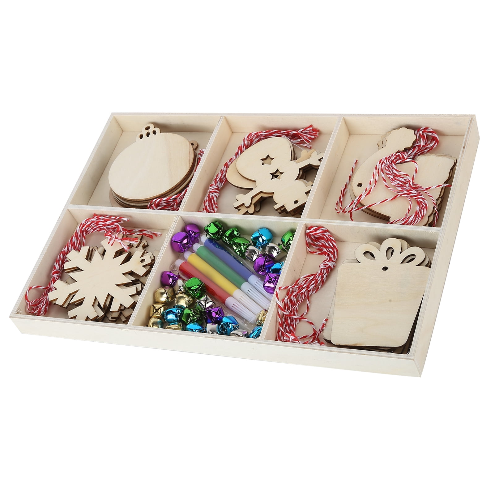 YAHHU Unfinished Wood Christmas Tree Ornaments DIY Craft Kit Wooden Slices Hanging Pendants with Bells Ropes Color Pens for Holiday Home Decoration (12.2 inches / 31 cm)