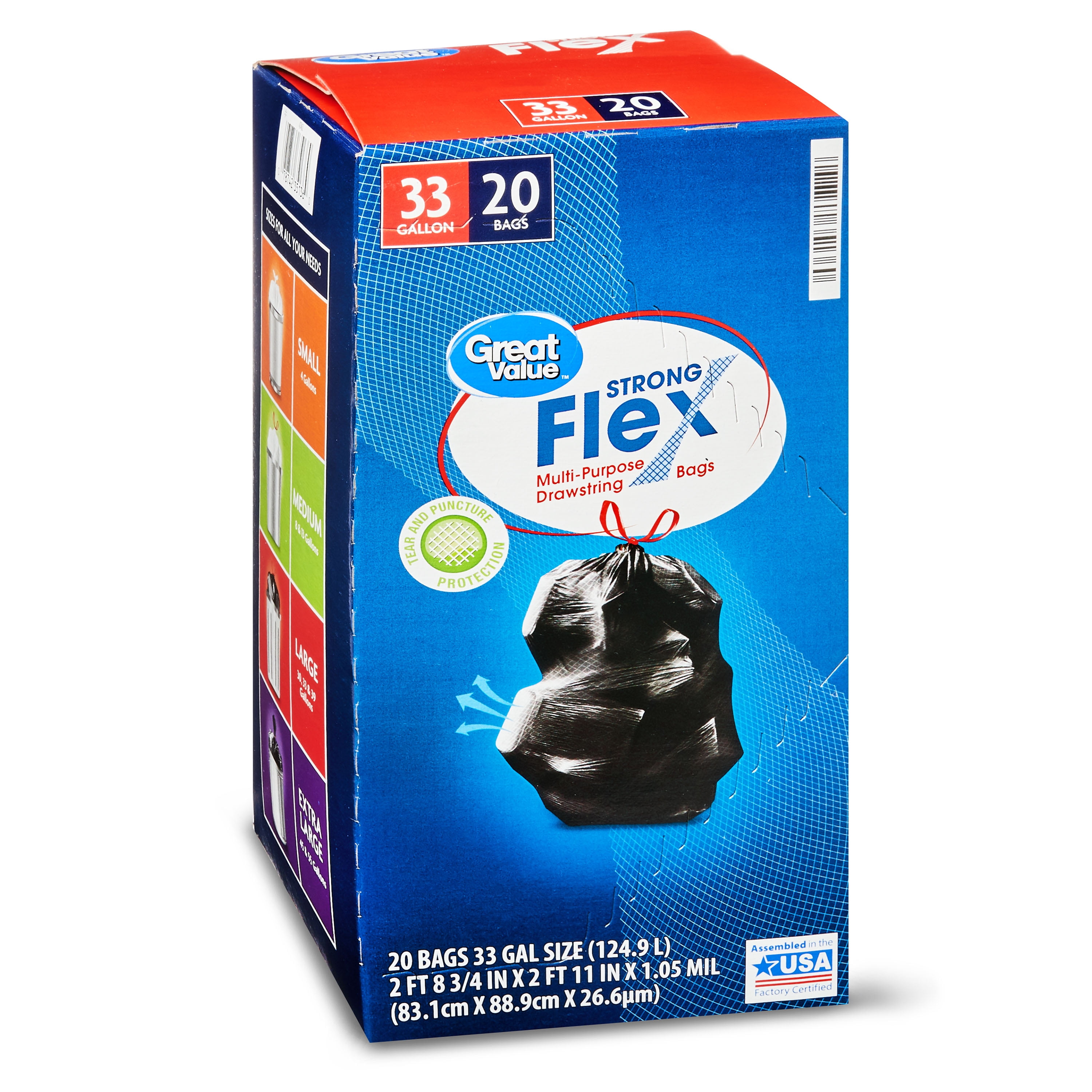 Great Value Strong Flex MultiPurpose Drawstring Trash Bags, 33 Gallons