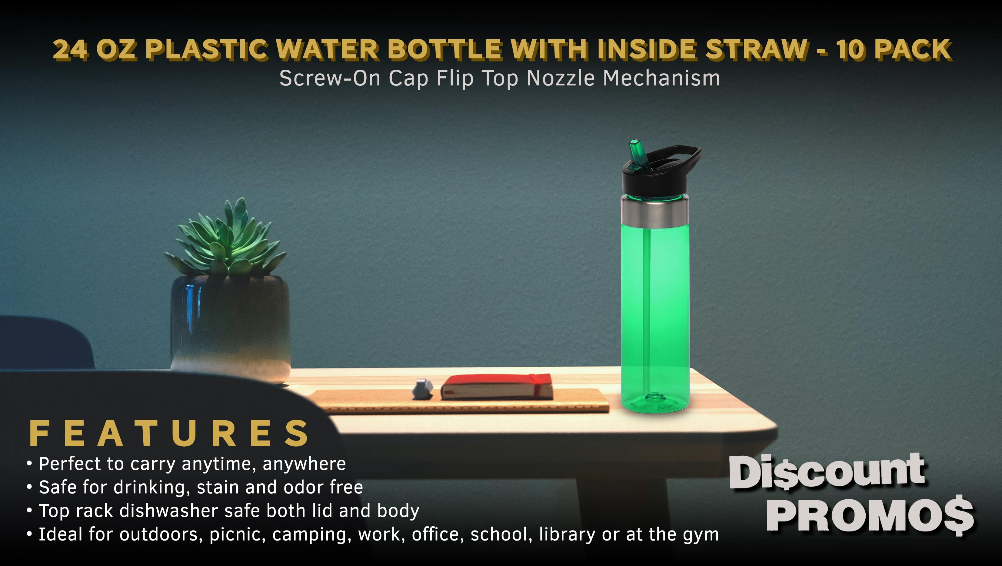 Plastic Water Bottle 24 oz with Inside Straw - BPA Free, Screw-On Cap, Flip Top Nozzle Mechanism - Slim Translucent Body - Eastman Tritan Copolyester - Green - 10 Pack