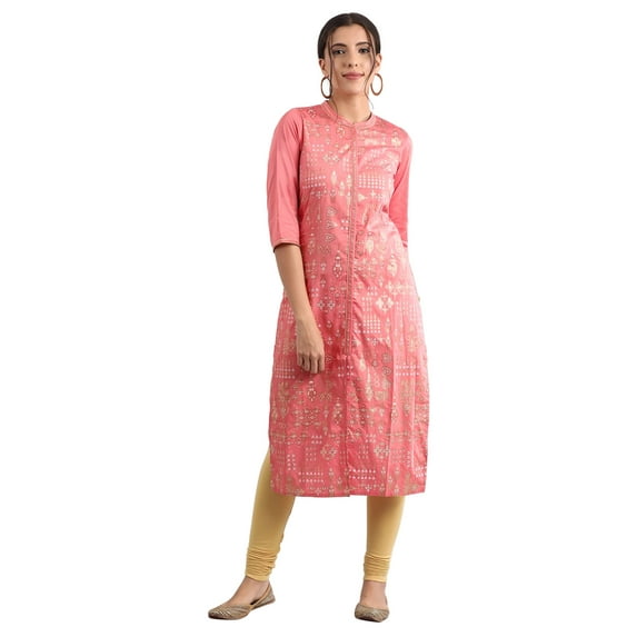 Band Collar Printed Kurta - Onion-Small
