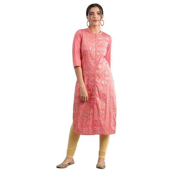 Band Collar Printed Kurta - Onion-Medium