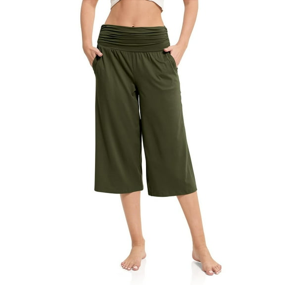 Xixinqiwan Women's Wide Leg Capri Pants Loose Lounge Cropped Pants Lightweight Elastic High Waist Comfy Yoga Capris with Pockets