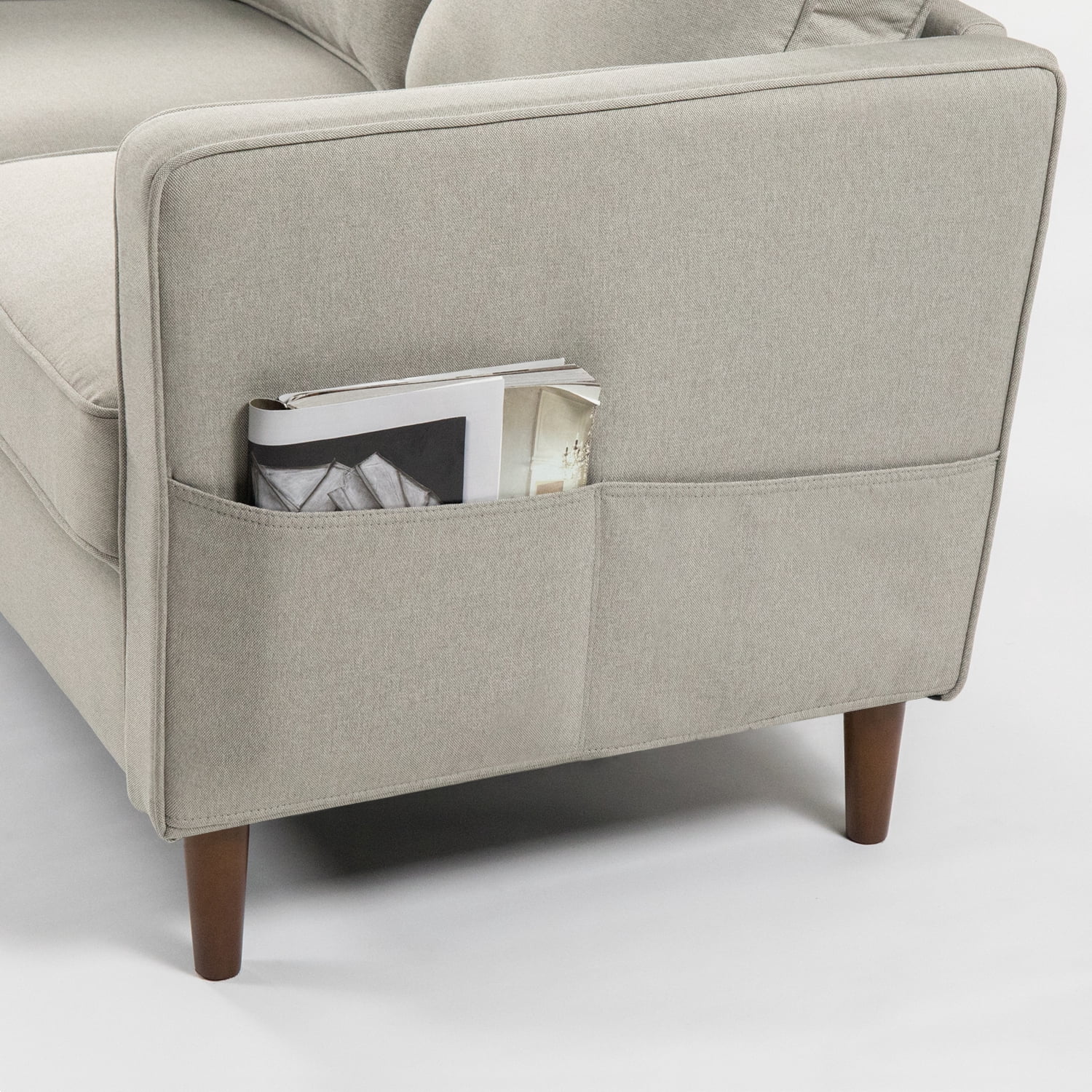 Mellow Hana Modern Fabric Loveseat with Armrest Pockets, Sand Grey Beige