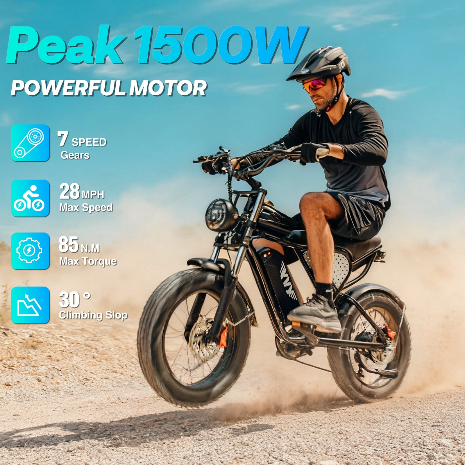 YVY Electric Bike for Adults,Peak 1500W 28MPH,48V 20AH 30-80 Miles E-Mountain Bike, 20'' Fat Tire Electric Bicycle UL2849