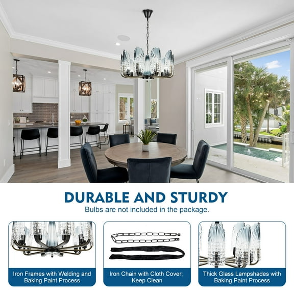 Elegant Glass Chandelier with Adjustable Iron Chain, 10 E12 Bulb Holders, New Chinese Style for Dining Room, Living Room, Kitchen, and More