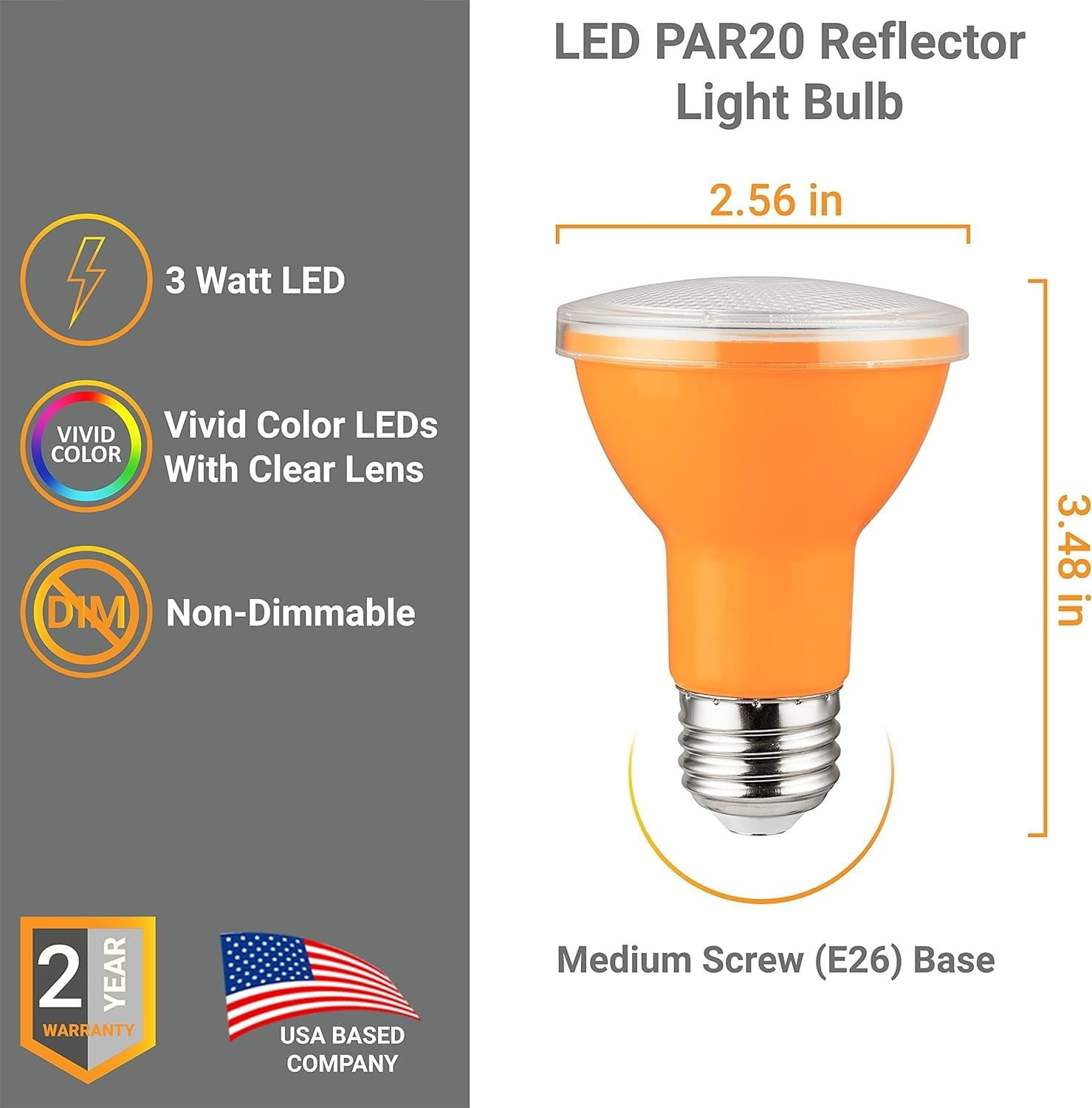 Diodesy- Pack of 4 PAR20/LED/3W/A PAR20 LED Flood Amber Light Bulbs, 3W (50-Watts Equivalent), Orange Non-Dimmable, E26 Recessed Spotlight for Weatherproof & Anti-Ageing, Holiday, Parties, Porch, ETL