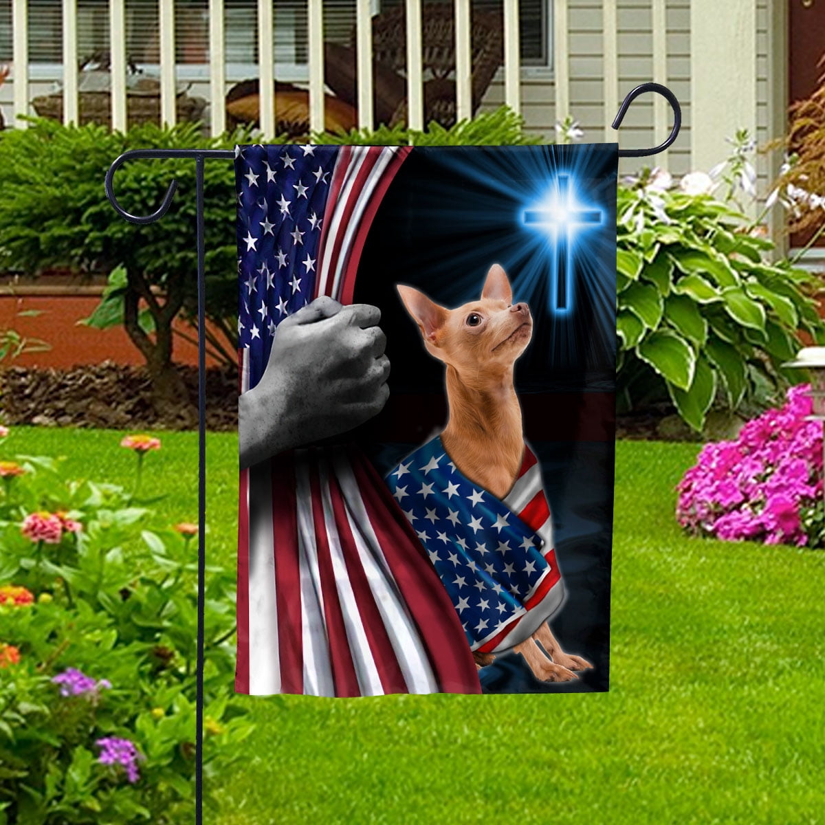 Hand Pulling USA Flag Chihuahua Dog Wearing Flag American Standing under Cross Christian Patriotic House Flag (3x5) Double Sided- Premium Polyester-Decorative Indoor Outdoor Flag