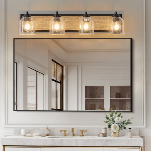 ACE-LIGHTS,4-Light Farmhouse Vanity Light Fixture,Bathroom Wall Sconce(Bulb Not Included) with Clear Seeded Glass Shades,Modern Industrial Design for Bathroom,Bedroom,Entrance,Passage(Black)