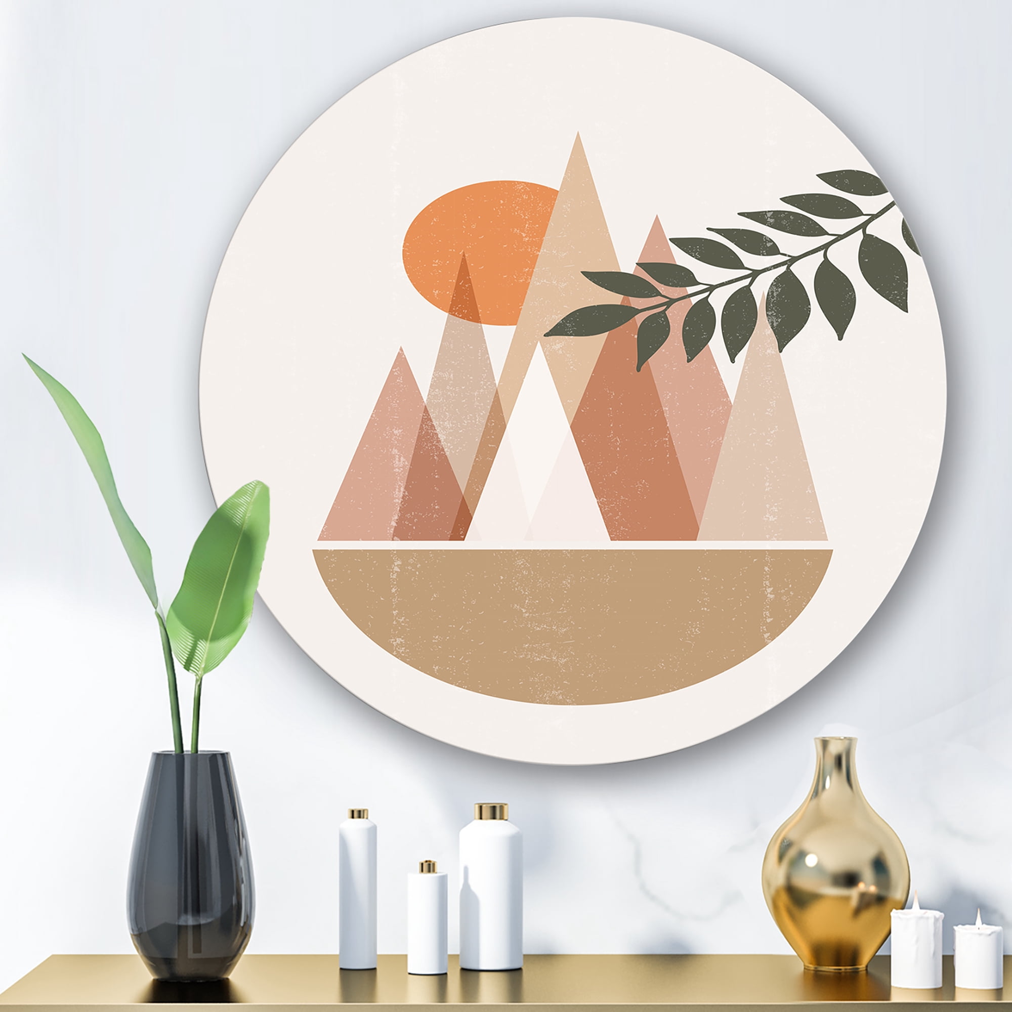 Designart 'Abstract Moon and Sun In Mountains II' Modern Circle Metal Wall Art 11x11 - Disc of 11