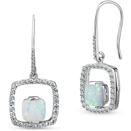 Created Opal and White Sapphire Sterling Silver Cushion-Cut Open Square Dangle Wire Earrings