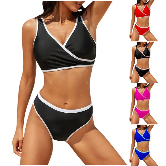 TAGOLD Womens Bikinis Set Solid Color Patchwork Modest Sleeveless Top High Waist Bottom Stretchy Summer TwoPiece Swimwear
