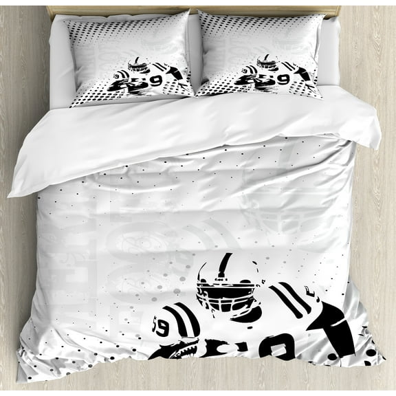 Sports Duvet Cover Set, American Football Character Running Passing Gridiron Goal Dotted Art Graphic Design, Decorative 3 Piece Bedding Set with 2 Pillow Shams, Calking Size, Black White, by Ambesonne