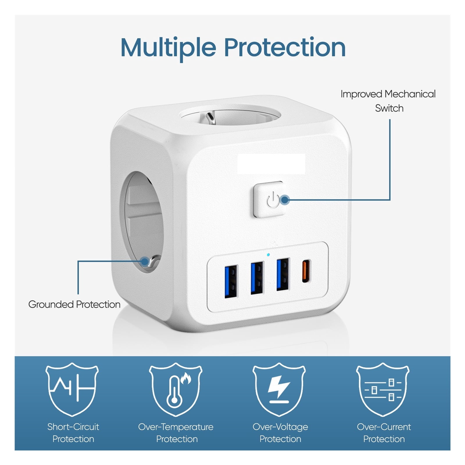 Power Strip With 3 AC Outlets +3 USB Charging Ports+ 1 Type C 5V 2.4A Adapter 7-in-1 Socket On/Off Switch