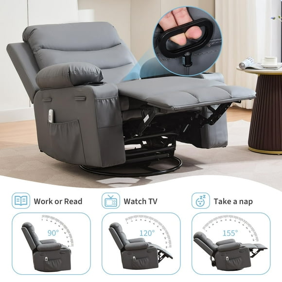 GloryStar Recliner Chair Nursery, Oversized Manual Reclining Rocking Chair, 360 Swivel Glider with Cup Holder, Massage and Heat Recliner, Indoor Small Single Sofa Chairs for Adults, RV, Bedroom